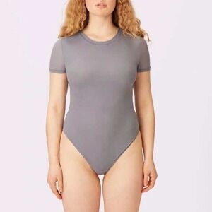 Parade Silky Mesh Sheer Support Short Sleeve Bodysuit Size XL Gray Crew Neck